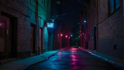 Afwasbaar Fotobehang Smal steegje Alley Night With Purple And Blue Neon Lights