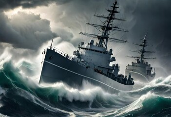 Ships in the stormy ocean