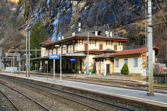 Train station of Iselle di Trasquera of the car shuttle train of the Simplon Tunnel in the Alps connecting Brig in Switzerland with Italy. Car-carrying train traversing the Lepontine Alps