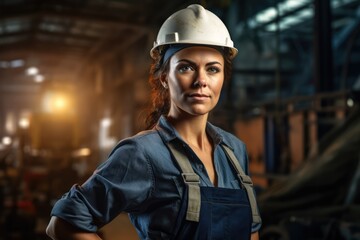 Portrait maintenance engineer worker in a white helmet and blue overalls stands poised in a workshop, hands on hips, surrounded by the quiet hum of industry.