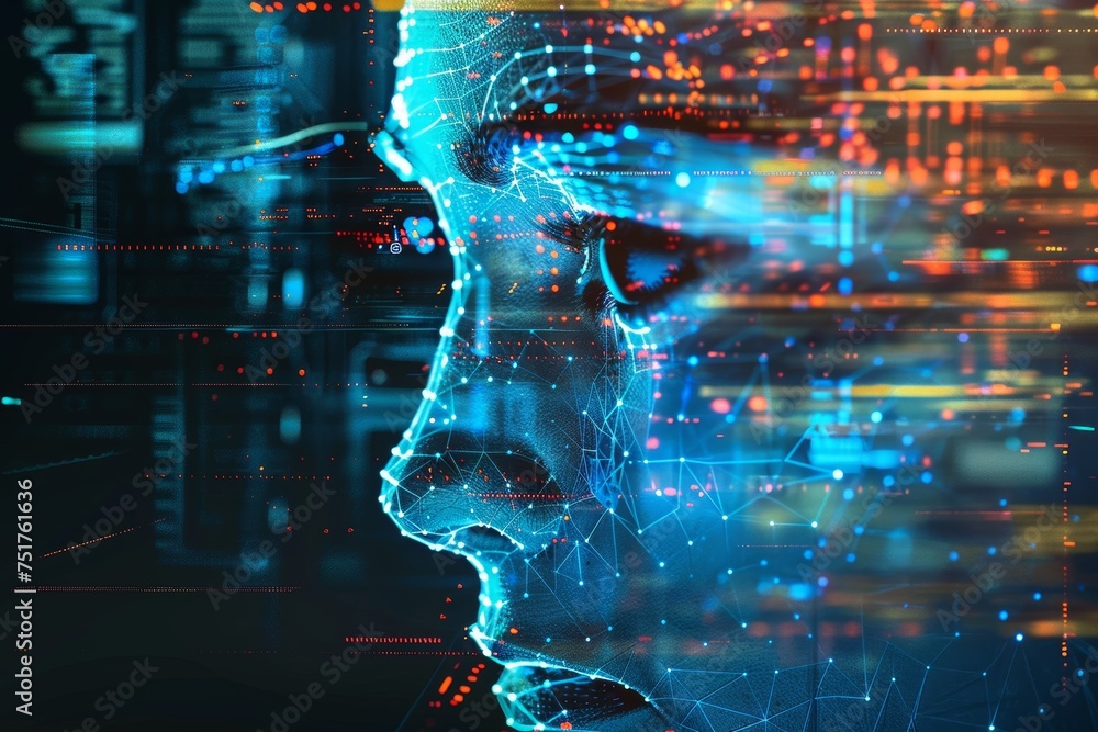 Poster abstract neon wireframe of a human face with digital effects, embodying data and connectivity.