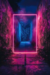Step into an eerie corridor illuminated by a frontal vertical neon screen, casting an otherworldly glow that bathes the surroundings in a surreal and haunting ambiance