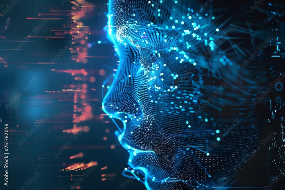 Poster cybernetic profile with blue data points, visualizing ai and network connectivity.