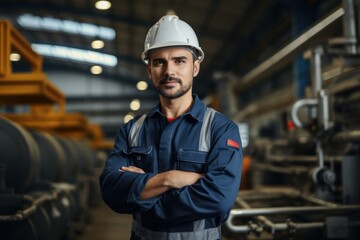 A worker in a helmet stands confidently in an industrial setting, arms crossed, with machinery and equipment in the background, exuding professionalism.



