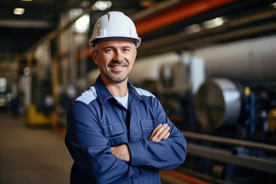 Portrait of Industry maintenance engineer in a blue jumpsuit and white helmet stands confidently in an industrial setting, arms crossed, 


 - Powered by Adobe
