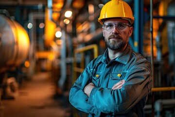 A worker in a blue jumpsuit and yellow helmet stands with arms crossed in an industrial setting with large pipes and warm lighting, exuding a sense of readiness.