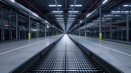 Fototapeta premium 3d rendering of a conveyor belt in a factory or warehouse. AI.