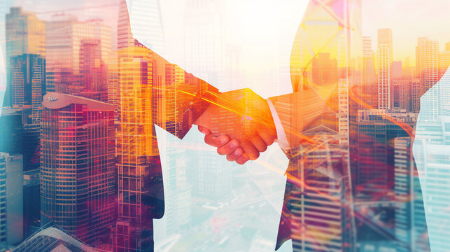Double exposure of handshake of business people over modern cityscape background with double exposure of graph. Concept of partnership. Toned image. AI.