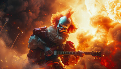 Rock and roll musician in the style of a steampunk joker plays the guitar, a clown against the background of an explosion.
