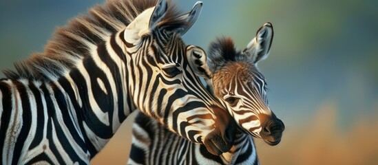 Fototapeta na wymiar Two zebras standing close together in a lush green field under the sun