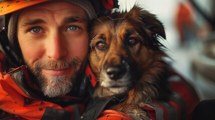 A man with a beard smiling, holding a companion dog in his arms - obrazy, fototapety, plakaty