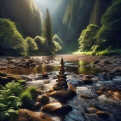 Stone cairn in a the middle of a river in sunlight
