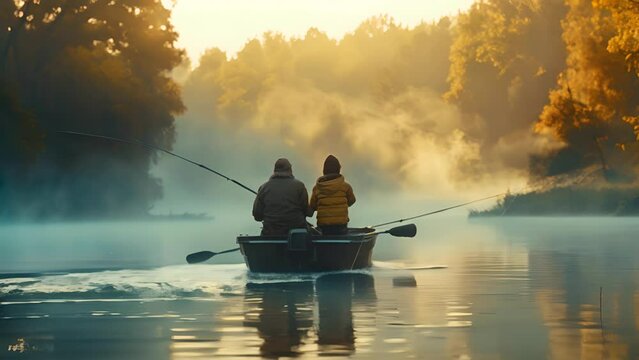 Happy family with grandfather and grandson fishing together early in the morning. Concept of Father day