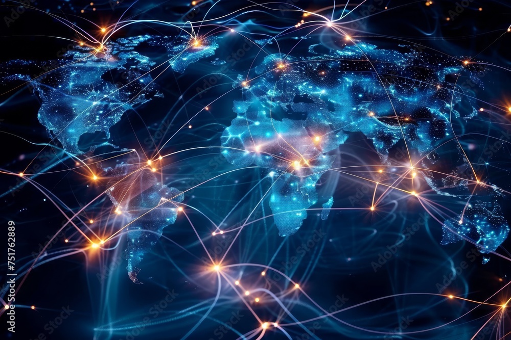 Poster glowing global network with highlighted connections, depicting active communication and data exchang