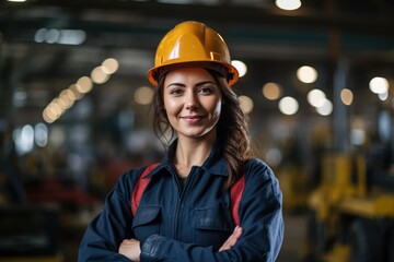 A person in a factory with a yellow hard hat and blue work attire stands confidently with arms crossed, surrounded by machinery in an industrial setting.