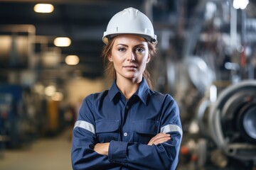 A western person in a blue work uniform and white helmet stands with crossed arms in an industrial setting, against a backdrop of machinery.




