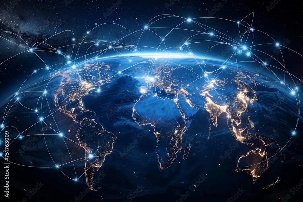 Canvas Prints illuminated earth with network arcs, showcasing global connectivity at night.