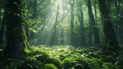 Fototapeta na wymiar Mystical sun rays piercing through forest - Enchanted view of sunbeams reaching the forest floor, highlighting the green lush foliage and serene environment