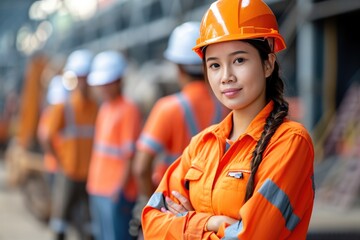 An asian worker in orange safety gear and helmet stands confidently, arms crossed, with colleagues in similar attire blurred in the background, suggesting teamwork at an industrial site.