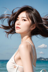 Naklejka premium Gorgeous Young Female Model - Fashion or Cosmetics Model - Beauty with Perfect Fine Features - Beautiful Smooth Hair blowing in the Wind