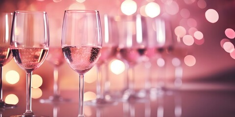 Closeup of pink rose champagne glasses against a bokeh lights background. Concept Wedding Photography, Floral Details, Romantic Setting, Elegant Glassware, Nighttime Shoot