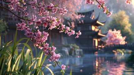 Spring blossoms over traditional Asian architecture - Delicate cherry blossoms frame an ancient Asian pagoda-style building by the tranquil waters, exuding oriental charm
