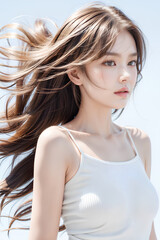 Obraz premium Gorgeous Young Female Model - Fashion or Cosmetics Model - Beauty with Perfect Fine Features - Beautiful Smooth Hair blowing in the Wind