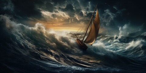 sailboat in the sea during storm - obrazy, fototapety, plakaty