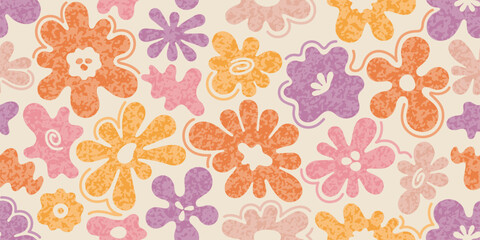 Flower pattern in retro groovy style. Floral seamless with abstract shapes. y2k style. Groovy background, seamless pattern. Cute simple shapes and pink floral splashes. Spring flower wallpaper vector