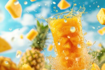 a splash of pineapple juice in a glass. The juice is a bright yellow color and there are slices of pineapple falling into the glass.  There are also tiny water droplets around the glass.
