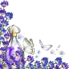 A perfume bottle made of transparent glass with lavender flowers. Vintage purple perfume with lavender scent. A hand-drawn watercolor illustration. Isolate her. For packaging, postcards and labels.