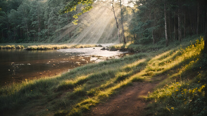 forest and river with god rays , jungle and river with god rays