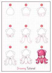 How to Draw a Squid. Step by Step Drawing Tutorial. Draw Guide. Simple Instruction for Kids and Adults