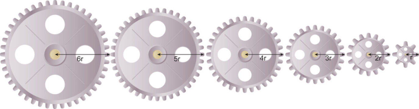 Metallic violet gears in 6 different diameters