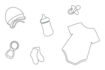 Set for baby drawn in one continuous line. One line drawing, minimalism. Vector illustration.