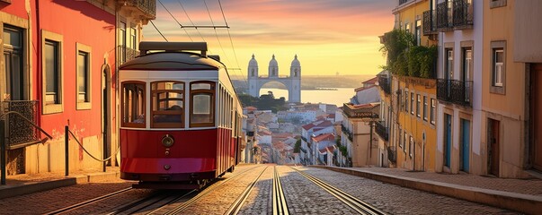 Lisbon's Gloria funicular connects downtown with Bairro Alto - obrazy, fototapety, plakaty