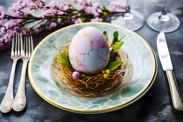 Beautiful blue table setting with spring flowers for Easter celebration. Spring celebration tableware dinner serving