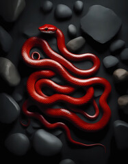 Red snakes on black stones. Top view, exotic animals