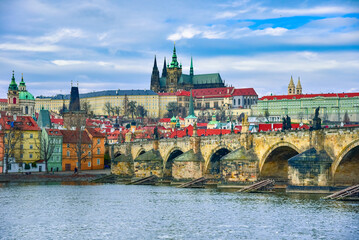 Fototapeta na wymiar Cityscape of Prague with medieval towers and colorful buildings, Czech Republic