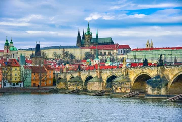 Papier Peint photo Pont Charles Cityscape of Prague with medieval towers and colorful buildings, Czech Republic