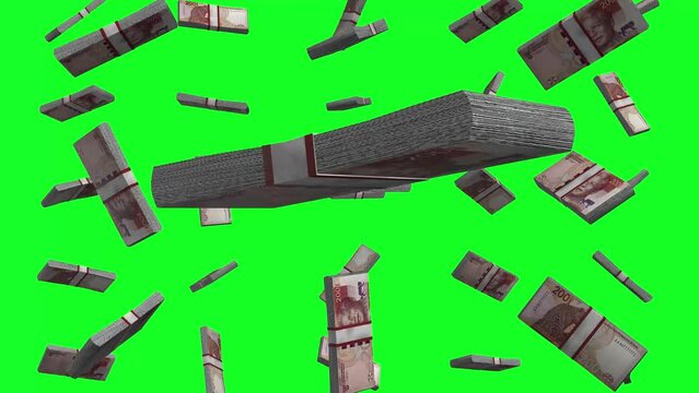 South Africa 200 Rand Falling Animation Stacks Of Money on Green Screen