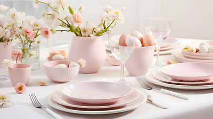 Beautiful pink table setting with spring flowers for Easter celebration. Spring celebration tableware dinner serving
