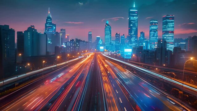 Dynamic cityscape with neon lights in time lapse.