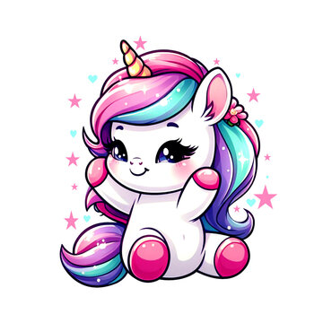 Beautiful unicorn on a cloud, multicolored unicorn head for stickers, or to decorate invitations or book covers for girls, etc. Transparent background