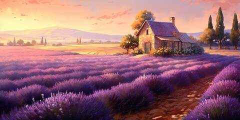 Early morning light bathes a rural house amidst a fragrant field of blooming lavender, creating a dreamy landscape - obrazy, fototapety, plakaty