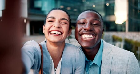 Business woman, man and selfie in city with smile, peace sign and laughing for funny post on web. People, friends or colleagues with photography, profile picture and emoji in street for social media