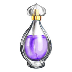 A perfume bottle made of transparent glass. Vintage purple perfume. A hand-drawn watercolor illustration. Isolate her. For packaging, postcards and labels. For banners, flyers and posters.