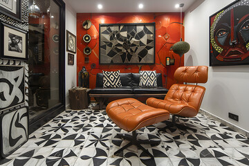 A stylish black and white storage area with geometric patterns. Interior design.