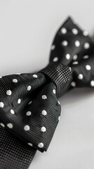 A beautiful black bow tie with white polka dots isolated. Close-up of an elegant tie placed on a table.