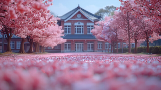 Spring in Japan. Image of cherry blossoms in full bloom and school building.